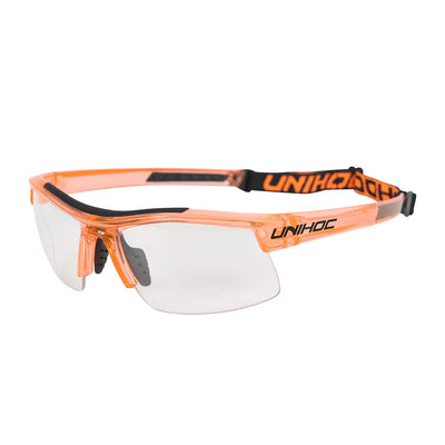 Unihoc Energy Eyewear kids  ENERGY er Unihocs siste innovasjon innen briller, og det er en litt større modell med gummipanel montert på innsiden av innfatningene. De har et justerbart pannebånd og uknuselig, duggfritt glass. Godkjent av IFF for kampspill.