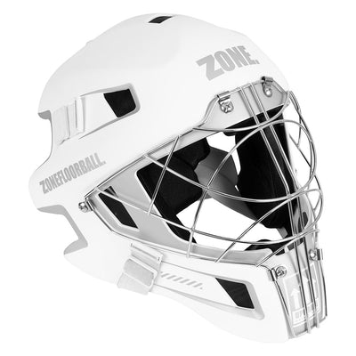 Zone Upgrade keeperhjelm er en eksklusiv maske i hvit/sølvdesign med kromdetaljer. Justerbar bakdel og hakestropp for optimal bruk.