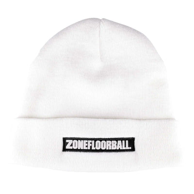 Zone Beanie Sweet lue Strikket hvit lue med stor brodert Zonefloorball-logo.  One size