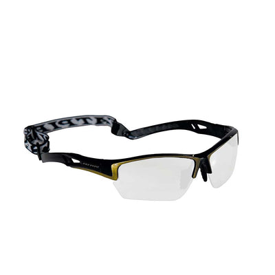 Beskyttelsesbrille til innebandy. Dette er en beskyttelsesbrille med splintsikkert glass beregnet til junior spillere. Farge black / gold.